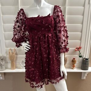Thirty/Thirty Burgundy Butterfly Appliqué Mini Dress
